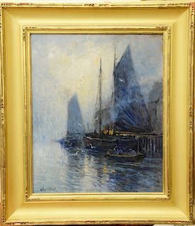 Arthur Vidal Diehl (1870 - 1929), fishing boats, nighttime dock, oil on board, signed lower left Arthur V. Diehl. 17" x 14". Doyle New York label on b