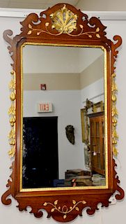 Margolis Mahogany Chippendale Style Mirror, having pierce carved top, gilt leaves and hanging fruit at sides, signed Margolis with brand mark. height 