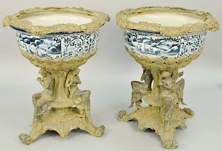 Pair of Large Blue and White Porcelain Jardinieres, each having cast metal top rim, blue and white planter bowl on cast metal base with classical nude