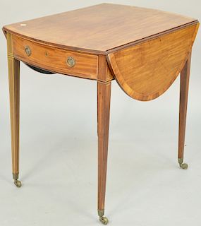 George III Banded and Inlaid Mahogany Pembroke Table, one drawer tapered, inlaid legs on casters with key, early 19th century. height 29 inches, width