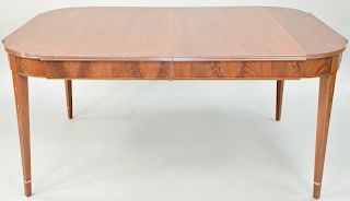 Charles Post Mahogany Dining Table, having plum pudding mahogany D shaped top with curved edge on inlaid frieze set on square tapered legs with bell f