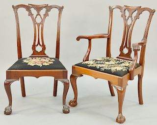 Margolis Set of Six Chippendale Style Side Chairs, having pierced carved backs over needlepoint upholstered slip seats, set on cabriole legs ending in
