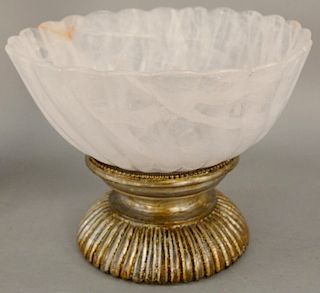 Monumental Continental Fluted Rock Crystal Centerpiece Bowl, on carved lotus form wood base, 20th century. height 7 inches, diameter 16 inches, height