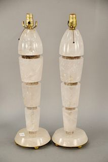 Pair of Rock Crystal Table Lamps, art deco taste in rocket or bullet form having tapered polished rock crystal shaft with smokey crystal dividing ring