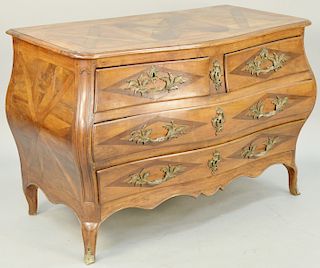 Provincial Louis XV Bombe Commode, inlaid and ormolu mounted, walnut top with geometric inlays (fading throughout, repairs), late 19th century. height