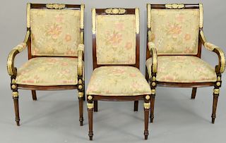Set of Ten E.J. Victor Nicolette Dining Chairs, mahogany with gold leaf accents, square backs with gold embellishments, square seats on rising tapered