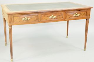 French Louis XVI Ormolu mounted Bureau Plat, by Fidelys Schey circa 1780, stamped F.Schey JVF, rectangular gilt tooled green leather top over three dr