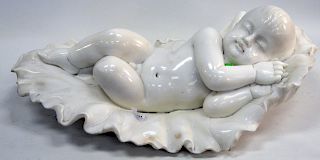 Large Italian Carrara Marble Sculpture of a Sleeping Baby, polished marble figure of a baby boy sleeping on leaf form. 20th century. height 8 1/2 inch
