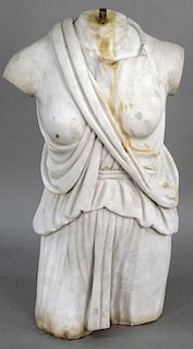 Italian Carved Marble Torso, partially nude draped female figure, 20th century. height 28 inches, width 13 inches.