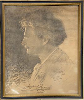 Emil Fuchs (1866 - 1929), portrait of J.J. Paderewski, chalk on paper, signed dated and written lower right Morges 27 Sept 1899 E.Fuchs, to Mr. Howard