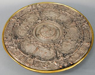Large Elkington Style Silvered Bronze Charger, 19th century, with allegorical scenes and brass backing (worn). diameter 20 inches.