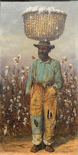 William Aiken Walker (1838 - 1921), cotton picking man with basket, oil on board, signed lower left W.A. Walker, Christie's tag on back. 8" x 4".