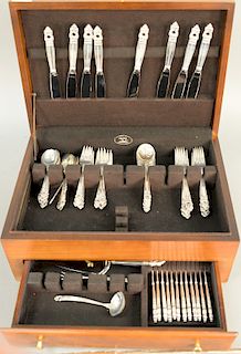 International Royal Danish Sterling Silver Flatware Set, seventy total pieces to include twelve dinner forks, twelve lunch forks, fourteen tea spoons,