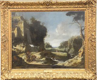 Circle of Jacob Isaacksz Van Ruisdael, 17th century oil on canvas, mountainous landscape with river and figures on horseback, unsigned, plaque marked 