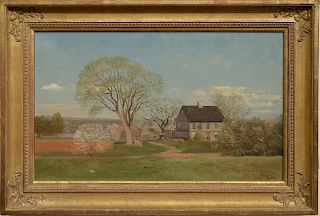 Nelson Augustus Moore (1824 - 1902), spring, Windsor, Connecticut 1882 farm house, oil on canvas, signed lower right NA Moore 82, Vose Galleries label