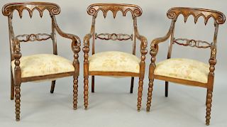 Set of Six William IV Open Armchairs, covered and veneered walnut, in the Gothic taste, early 19th century. height 36 1/2 inches.