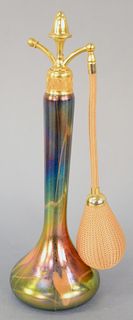 DeVilbiss Imperial Art Glass Atomizer, iridescent blue-green glass perfume bottle. height 10 1/4 inches.