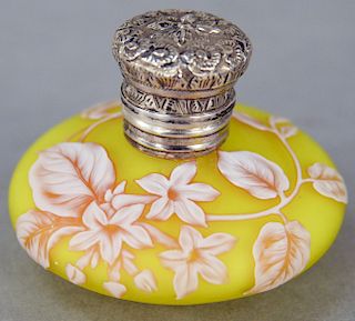 Webb Cameo Glass Perfume Bottle, squat form with three colors, yellow, white and pink, having cut flowers, leaves, and a butterfly, signed Webb. heigh