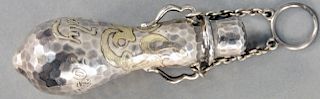 Tiffany and Company Sterling Vinaigrette Perfume Pendant Bottle, hand hammered silver with gold wash decoration, marked July 10th 1882. height 3 1/4 i