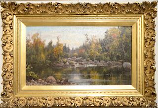 Jonathan Bradley Morse (1834 - 1898), early autumn, oil on canvas, signed lower right JB Morse in Victorian gilt frame. 16" x 28".