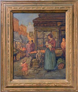 Jerome Myers (1867 - 1940), "East Side Corner" New York 1934, oil on board, signed lower right Jerome Myers 1934, titled, dated and signed on back, co