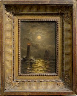 George Waters (1832 - 1912), full moonlit seascape with lighthouse, oil on canvas, signed lower left G.W. Waters, Doyle label on back. 7 3/4" x 5 1/2"