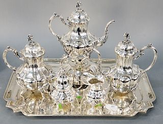 Six Piece Sterling Silver Tea Set, comprising of large tray, tilting pot on stand, coffee pot, teapot, creamer and sugar, marked Tane Hecho en Mexico,