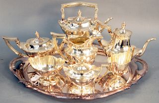 Seven Piece Gorham Sterling Silver Tea and Coffee Set, to include tilting pot on stand, teapot, coffee pot, covered sugar, waste bowl, creamer, and pi