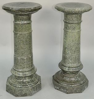 Pair of Green Granite Pedestals, on octagon bases. height 36 inches, diameter 15 inches. Provenance: Slocomb Brown Villa Newport Rhode Island.