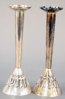 Pair of Ludwig Wolpert Judaic Sterling SIlver Candlesticks, modernist style with tapered stem and flared feet having applied letters, marked sterling 