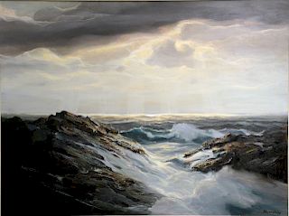 Philip Shumaker (1921 - 1967), raining off coast with crashing waves, oil on masonite,signed lower right Shumaker. 30" x 40".