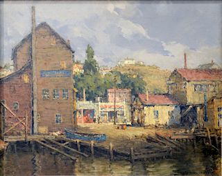 David Wu Ject-Key (1890 - 1968), "Gloucester Waterfront", oil on canvas, harbor, signed and titled on back, Geraci Galleries label on back. 24" x 30".