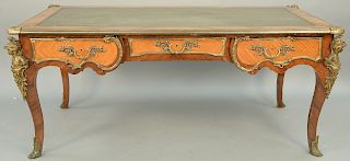 Louis XV Style Bureau Plat, kingwood and mahogany veneered and ormolu mounted writing table, late 19th century, with inset embossed green leather top,