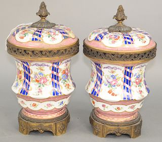 Pair of Large Sevres French Porcelain Covered Potpourri Pots, hand painted covered jars with pierced bronze rim, finial and foot (repaired), under gla