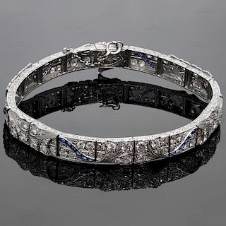 Art Deco Diamond Blue Sapphire Platinum Bracelet