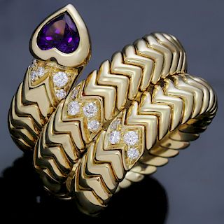 BULGARI Spiga Amethyst Diamond 18k Yellow Gold 3-Row Flexible Ring