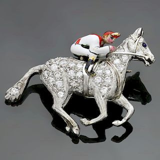 CARTIER Art Deco Diamond Enamel Platinum Horse & Jockey Brooch