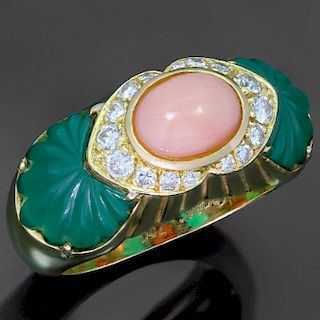 CARTIER Diamond Green Rhodochrosite Pink Coral 18k Yellow Gold Ring Size 53