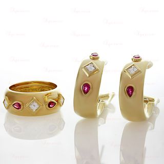 CARTIER Diamond Ruby 18k Yellow Gold Ring & Earrings