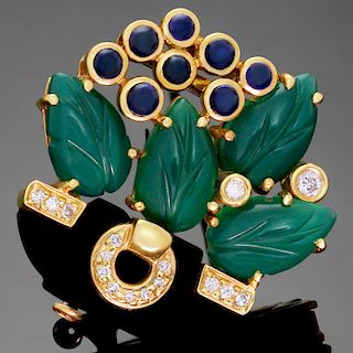 CARTIER Les Indes Galantes Agate Onyx Sapphire Diamond 18k Yellow Gold Floral Brooch