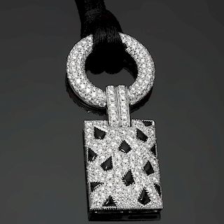CARTIER Panthere Diamond Pave Onyx White Gold Pendant Satin Cord Necklace
