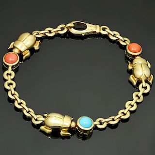 CARTIER Three Beetle Coral Turqoise 18k Yellow Gold Bracelet