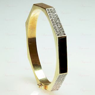 Diamond Black Enamel 14k Yellow Gold Hexagon Bangle Bracelet
