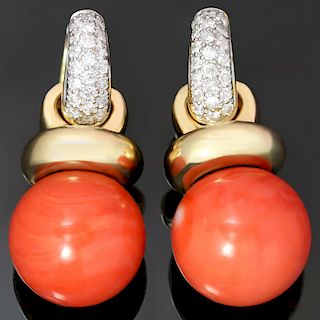 Diamond Huggie Detachable Natural 13mm Coral Charms Earrings