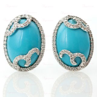 Diamond Oval Arizona Sleeping Beauty Turquoise 18k White Gold Swirl Earrings