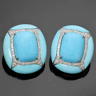 Diamond Turquoise 18k White Gold Clip-on Earrings