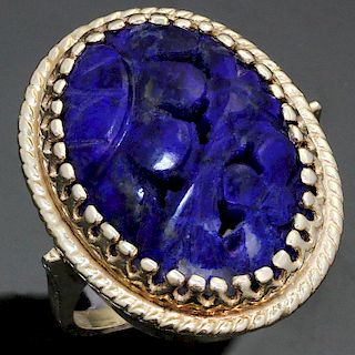 Hand-Carved Natural Lapis Lazuli 14K Yellow Gold Cocktail Ring