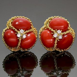 Italian Natural Oxblood Coral Diamond 18k Yellow Gold Earrings