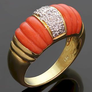 JACQUES TIMEY Vintage Red Fluted Coral Diamond 18k Gold Ring