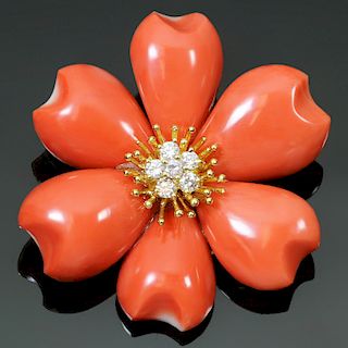 Natural Red Coral Diamond 18k Yellow Gold Flower Brooch Pendant